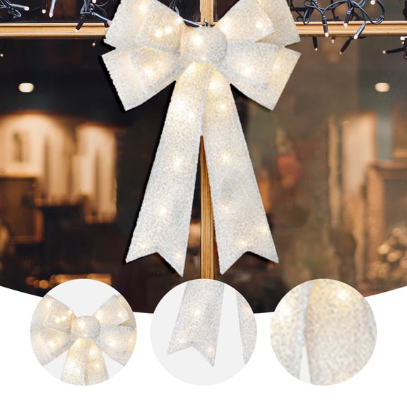 Christmas Bow Decorations,LED Christmas Wreath Bows Extra Large Silver Glitter Bows 72 LED Lights Wreath Huge Bow Door Wall Xmas Tree Topper Decor for Indoor Outdoor Winter Xmas Party