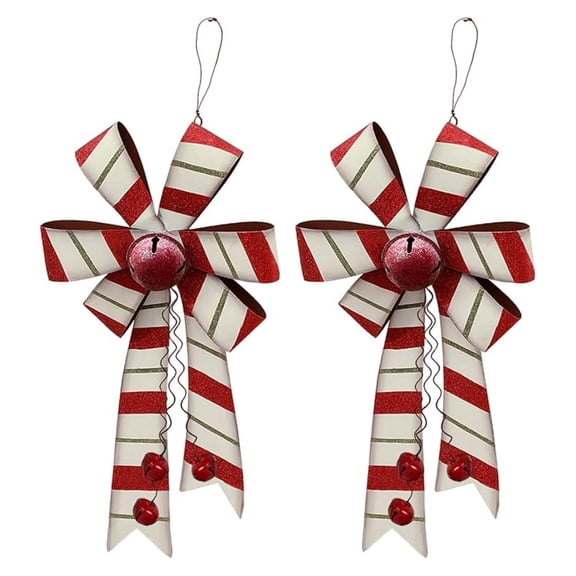 Christmas Bow Decorations - Metal Xmas Tree Bows with Ornaments, 22 Inch Candy Cane Striped Bows for Wreath, Door, Wall, Holiday Party Indoor Outdoor Decor