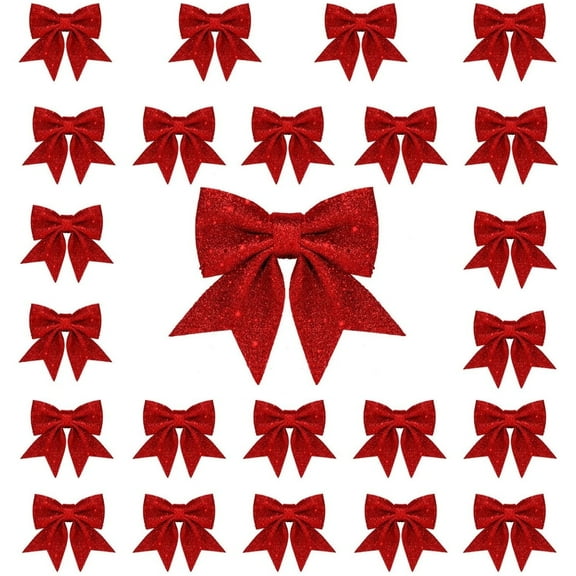 Christmas Bow Decorations Red Wreaths Bows 24 Pcs 5.5'' Small Christmas Tree Bow Sequin Bow Ties Xmas Decorative Glitter Bows Ornaments Christmas Tree Sequin Bow Tie for Home Party Decor