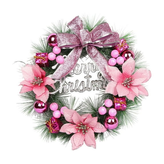 Christmas Bow Decorative Wreath Pink Artificial Plant Garland for Door Wall Holiday Decor