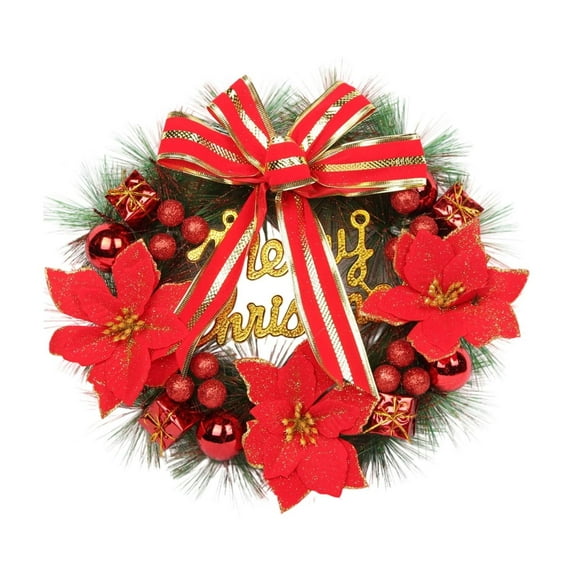 Christmas Bow Decorative Wreath Red Artificial Plant Garland for Door Wall Holiday Decor
