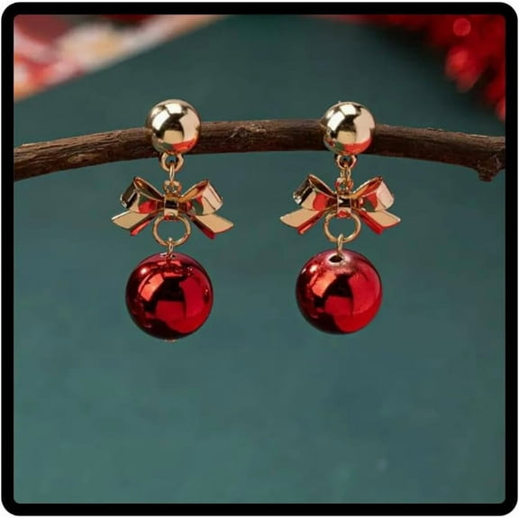Christmas Bow Earrings, Gold Bow ribbon Dangle Earrings Red Ball Earrings For Women Cute Trendy Holiday Earrings For Mom Daughter Sister Jewelry Gift