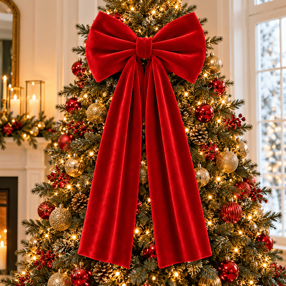Christmas Bow, Large 11.8 x 19.7 in Red Velvet Christmas Bow, Soft Hanging Bow Decoration for Front Door, Christmas Tree, Mantel, Wall, Window and Holiday Home Decor