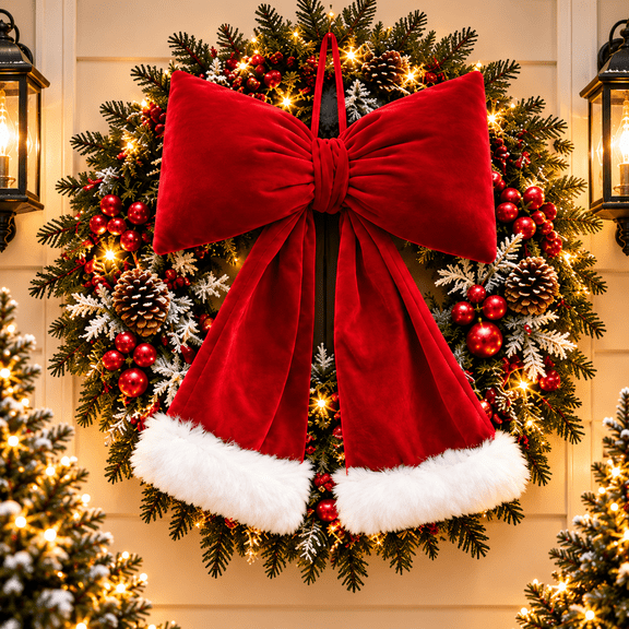 Christmas Bow, Large Red Velvet Bow with White Faux Fur Trim, 11.8 x 15 in Christmas Door Bow Hanging Holiday Decoration for Front Door, Wreath, Wall, Window and Christmas Tree