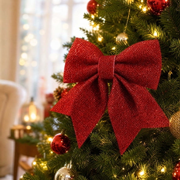 Christmas Bow, Medium Glitter Fabric Bow Ornament, Sparkly Pre-Tied Decorative Hanging Bow for Christmas Tree, Wreath, Garland, Gift Box, Party Decor
