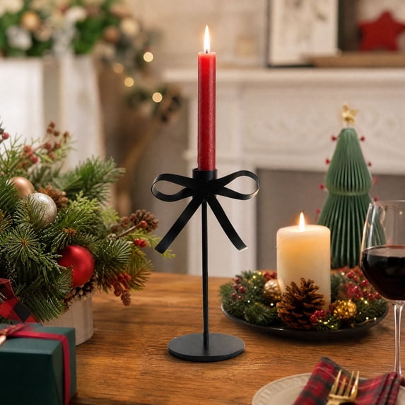 Christmas Bow Metal Taper Candle Holder, Black Iron Candlestick Tabletop Centerpiece Decoration, for Holiday Party, Wedding, Mantel Decor
