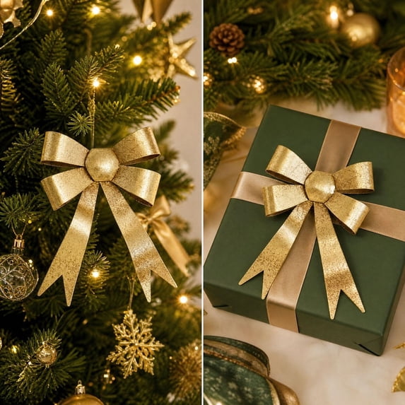 Christmas Bow Ornament, Iron Bow Hanging Decoration, Metallic Finish with Hanging Loop for Christmas Trees Wreaths and Garlands, Gold