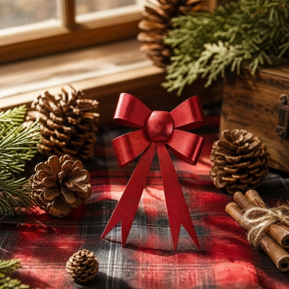 Christmas Bow Ornament, Iron Bow Hanging Decoration, Metallic Finish with Hanging Loop for Christmas Trees Wreaths and Garlands, Red