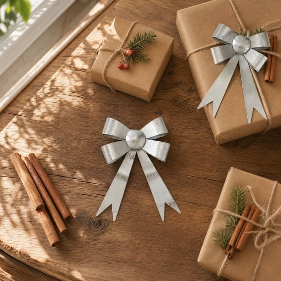 Christmas Bow Ornament, Iron Bow Hanging Decoration, Metallic Finish with Hanging Loop for Christmas Trees Wreaths and Garlands, Silver