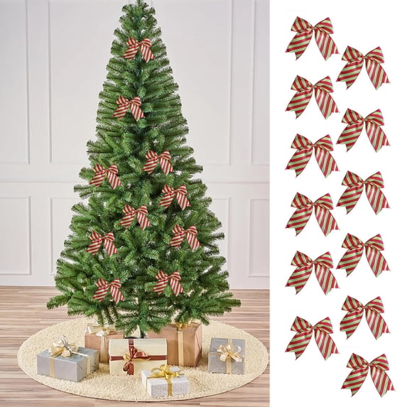 Christmas Bow Ornaments 12PCS 5.9 Inch Green Elf Candy Cane Ribbon Bows with Hanging Loops for Xmas Tree Wreath Gift Wrapping Holiday Party Decor