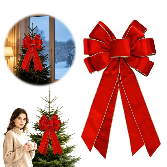 Christmas Bow Ornaments, 19.69X11.81" Large Pre‑Tied Velvet Holiday Bows, Gold‑Edge Trim Xmas Bows with Long Streamers, Velvet Hanging Bow Decorations, Layered Bow Embellishments, Decorative Bow