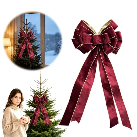 Christmas Bow Ornaments, 19.69X11.81" Large Pre‑Tied Velvet Holiday Bows, Gold‑Edge Trim Xmas Bows with Long Streamers, Velvet Hanging Bow Decorations, Layered Bow Embellishments, Decorative Bow