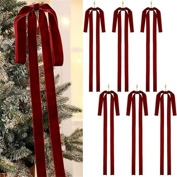 Christmas Bow Ornaments – Set of 6 Long Tail Red Velvet Ribbon Bows with Hanging Loop, Holiday Tree, Wreath, Mantle, and Gift Decoration for Indoor & Outdoor Xmas Party Décor