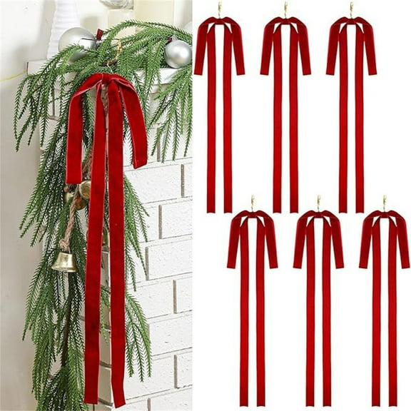 Christmas Bow Ornaments – Set of 6 Long Tail Red Velvet Ribbon Bows with Hanging Loop, Holiday Tree, Wreath, Mantle, and Gift Decoration for Indoor & Outdoor Xmas Party Décor