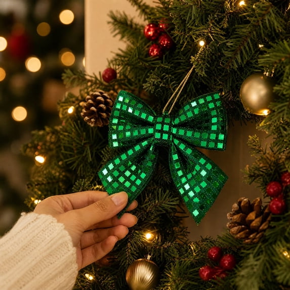 Christmas Bow Ornaments Set, Green Mirror Sequin Hanging Decorations for Tree Wreath and Garland, Unique Holiday Gifts for Women