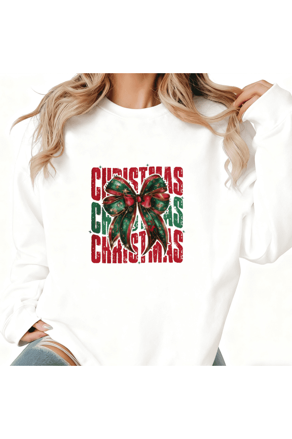 Festive Typography Sweatshirt - Weathered Christmas Letters Tops Graphic Long Sleeve Crewneck Featuring Gold Star Bow Pullover, Holiday Apparel
