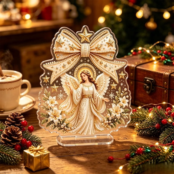 Christmas Bow Religious Tabletop Figurine, Angel 2D Holiday Decoration for Mantel, Shelf, Desk, Church Display, Christmas Party and Christian Decor, 7.87 Inch