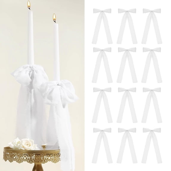 Christmas Bow Ribbons for Tree Decor, 12-Pack Green Gift Wrapping Bows, Large Decorative Bows for Holiday Party & Candle Decoration White