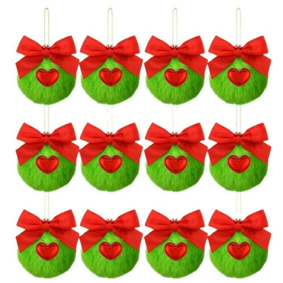 Christmas Bow and Soft GreenPom Ball Ornament Set, 12-Piece Decorative Bundle with Heart s, Festive Tree and Fireplace Hanging Decorations for Styling