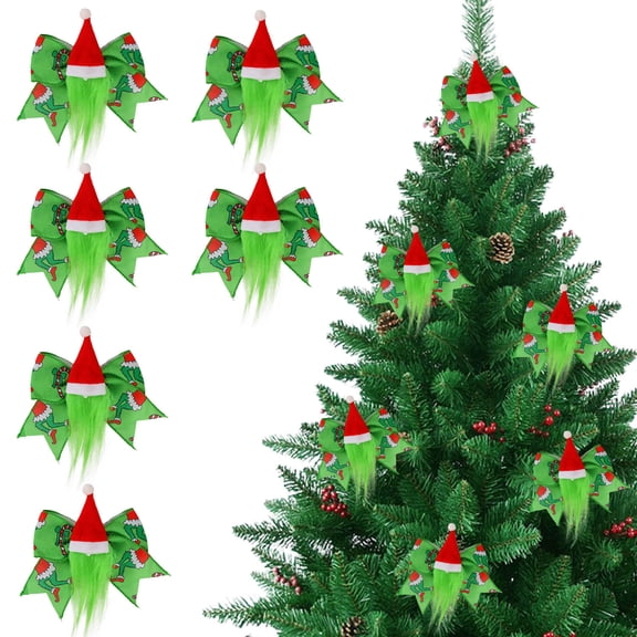 Christmas Bow with Santa Hat - Green Festive Ribbon Decor for Trees, Wreaths & Gifts - 6 Inch Holiday Decoration with Hanging Loop
