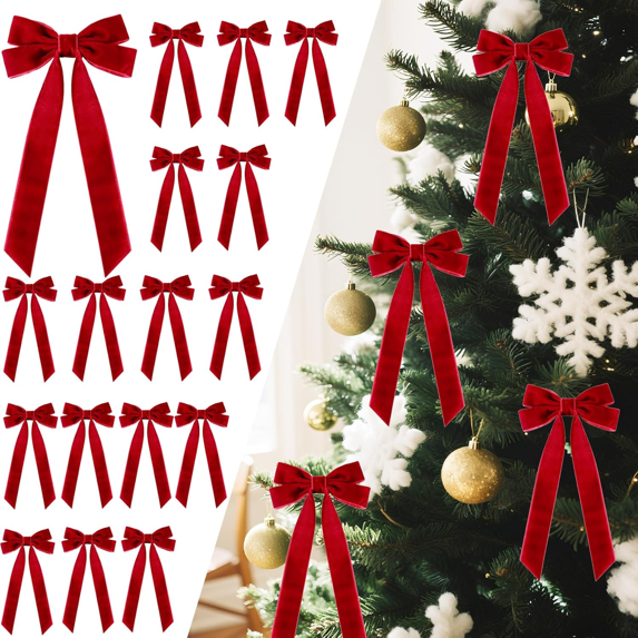 Christmas Bows, 16PC Christmas Tree Bow Ornaments, Velvet Bows for Christmas, 8in x 4in Xmas Holiday Decorations for Home, Party, Front Door, Wreath, Garland