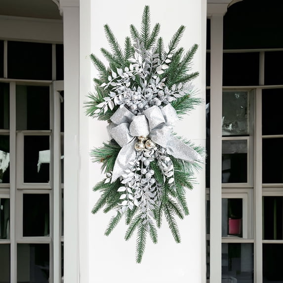 Christmas Bows,Christmas Pine Swag with Ribbon Bow for Front Door,Artificial Greenery Wreath with Pine Cones & Red Berries for Indoor Outdoor Decor Window Wall Home Holiday Decor(Silver)