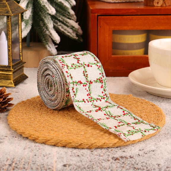 Christmas Bows Christmas Ribbon Wired Jute Burlap Ribbon with Red and White Berry Print Decorative Seasonal Gift Wrapping Ribbon for Holiday Winter Crafts Decor (White)