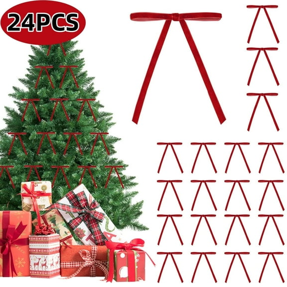 Christmas Bows Christmas Tree Ornaments Vintage Velvet Gift Bows Decor for Xmas Home Wedding Red 24 Pcs