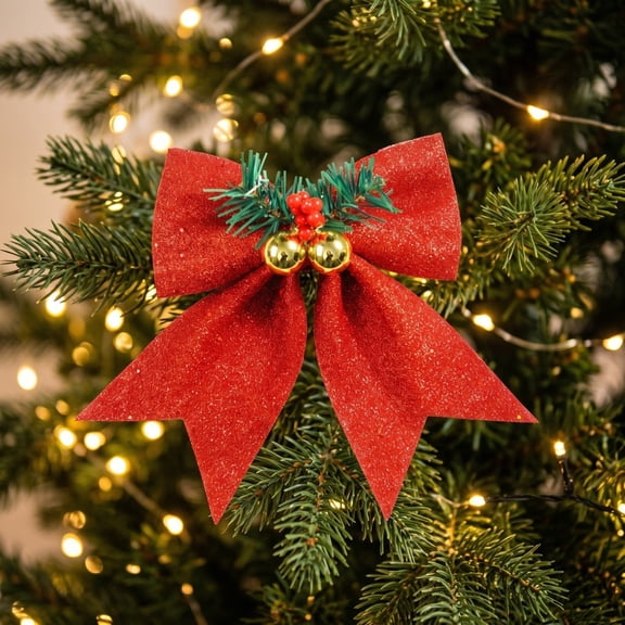 Christmas Bows Decoration Red Christmas Bows for Wreaths with Bells and Red Berry Ball Bows for Christmas Tree Decoration Xmas Party Decoration Indoor Outdoor Wreaths 7.87 x 7.87 Inches