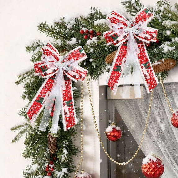 Christmas Bows for Gifts Pre-Tied 13x10 Inch, Fluffy Fringe Ribbon Bow with Elk Ornament, Red and White Decorative Bows for Christmas Tree Wreath and Holiday Gift Wrapping Decor