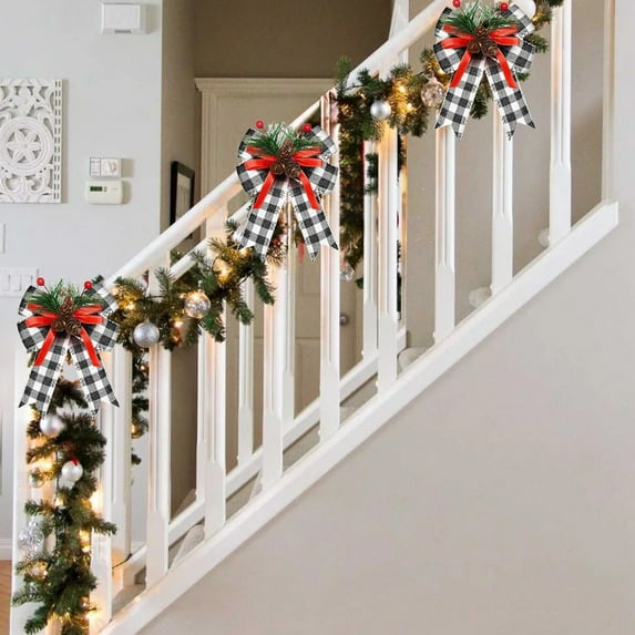 ‌Christmas Bows Outdoor Decorations - Vintage Wreath Bow for Xmas Home Decor (5.9x5.1in) - Red & Black Plaid Pattern - Door Garland,Mantle & Porch Wedding Decor‌