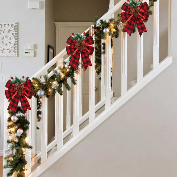 ‌Christmas Bows Outdoor Decorations - Vintage Wreath Bow for Xmas Home Decor (5.9x5.1in) - Red & Black Plaid Pattern - Door Garland,Mantle & Porch Wedding Decor‌