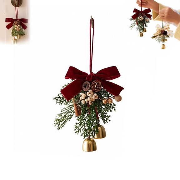 Christmas Bows with Bells, Pine Cone & Pine Branch Hanging Ornaments for Xmas Tree, Wreath, Gift & Holiday Home Decor