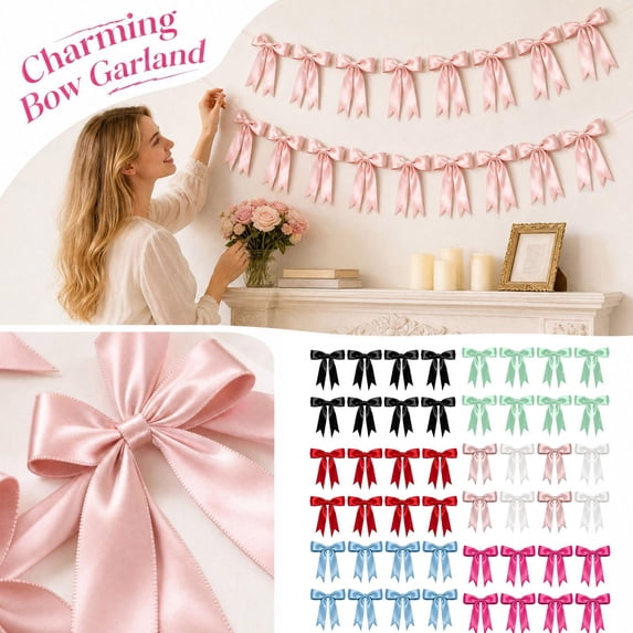Christmas Bows with Satin Ribbon, Indoor Christmas Decorations for Party Decor, 8-Piece Holiday Banner for Gift Wrap