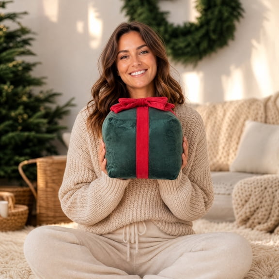 Christmas Box Throw Pillow,3D Cube Shaped Plush Decorative Pillow with Red Bow,7.10 Inch Soft Holiday Accent Pillow for Couch Bed Sofa Living Room Christmas Party Decorations(Green)