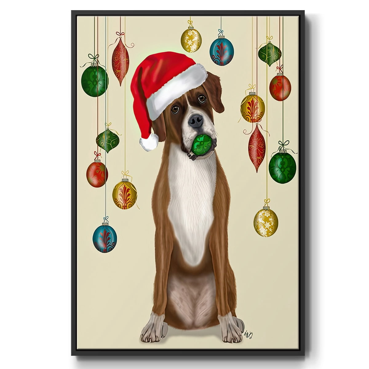 Christmas Boxer and Bauble Ball - Framed Gallery Wrapped Holiday Canvas - 17 x 25 - Black Frame