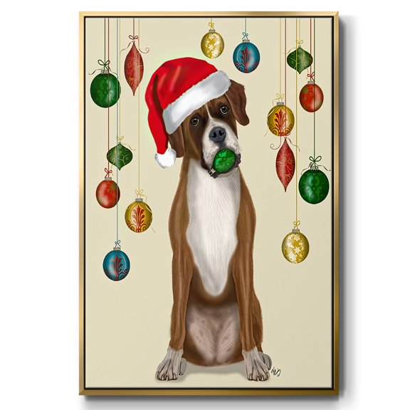 Christmas Boxer and Bauble Ball - Framed Gallery Wrapped Holiday Canvas - 17 x 25 - Gold Frame