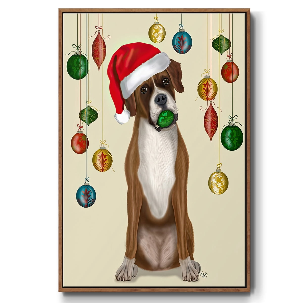 Christmas Boxer and Bauble Ball - Framed Gallery Wrapped Holiday Canvas - 17 x 25 - Rosewood Frame