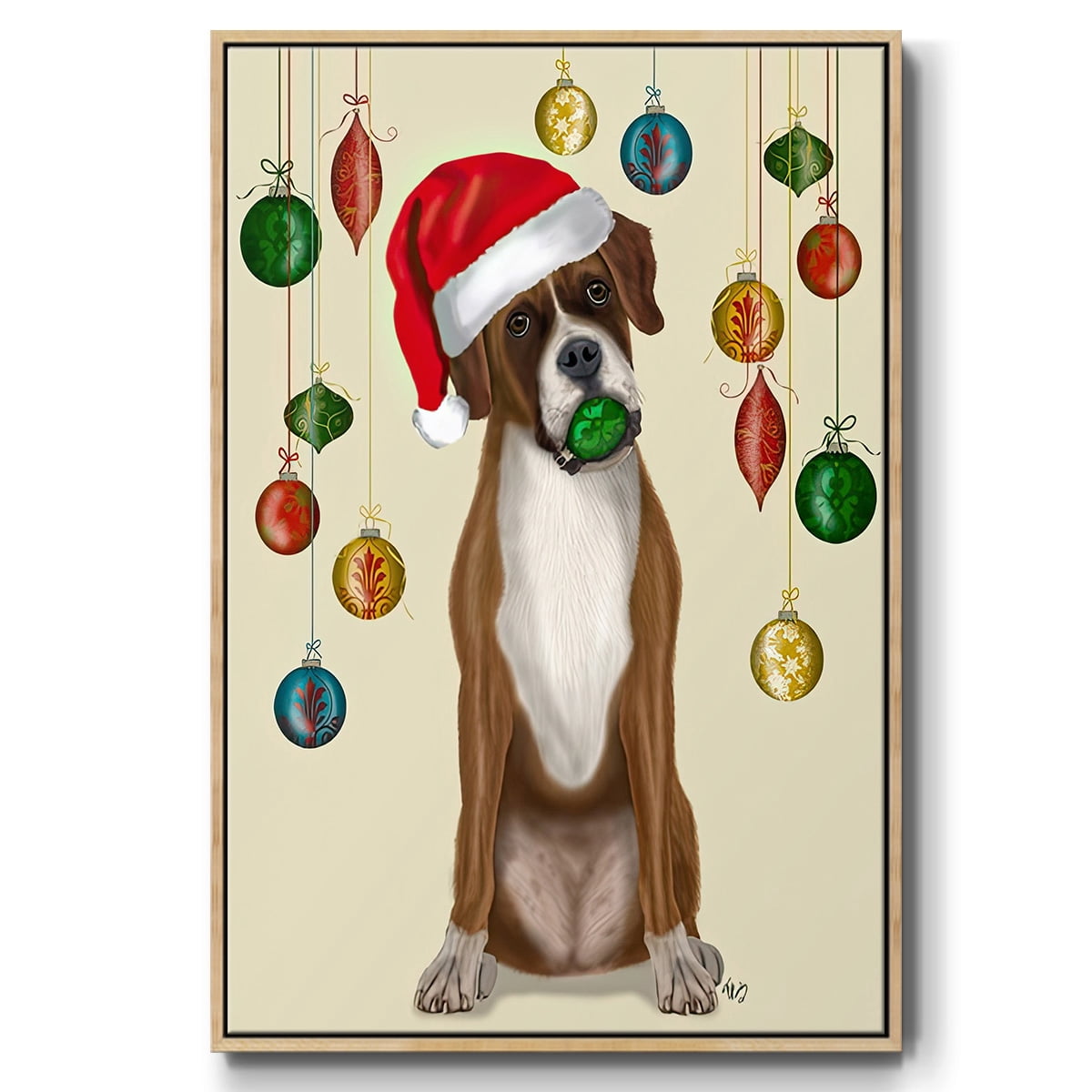 Christmas Boxer and Bauble Ball - Framed Gallery Wrapped Holiday Canvas - 27 x 41 - Natural Wood Frame