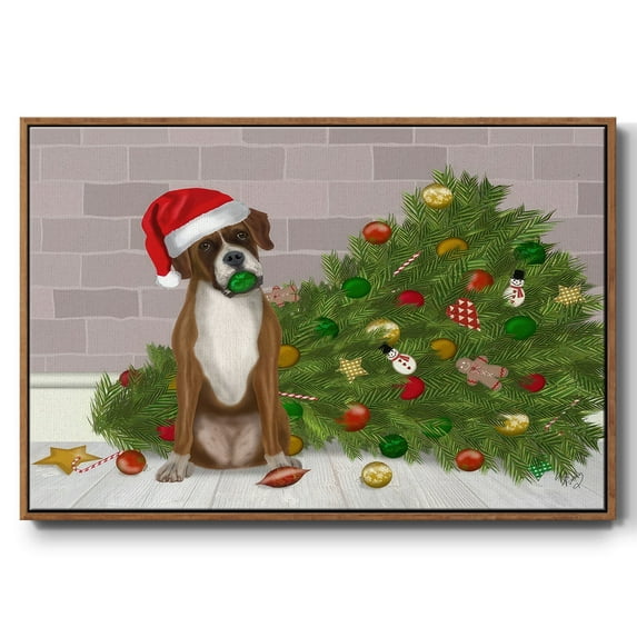 Christmas Boxer and Broken Christmas Tree - Framed Gallery Wrapped Holiday Canvas - 17 x 25 - Rosewood Frame
