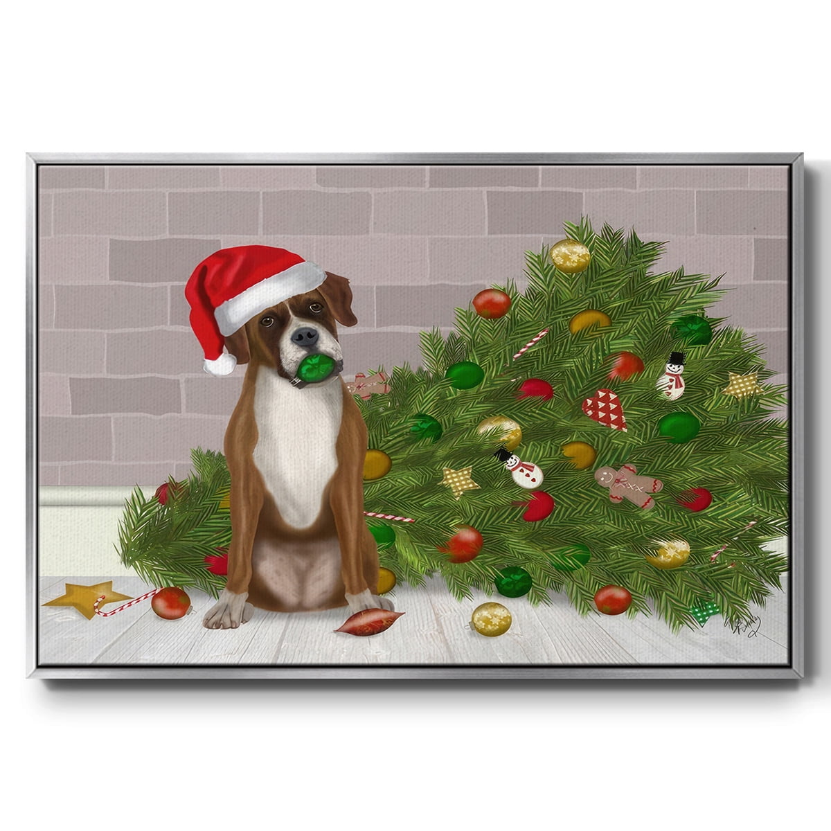 Christmas Boxer and Broken Christmas Tree - Framed Gallery Wrapped Holiday Canvas - 17 x 25 - Silver Frame