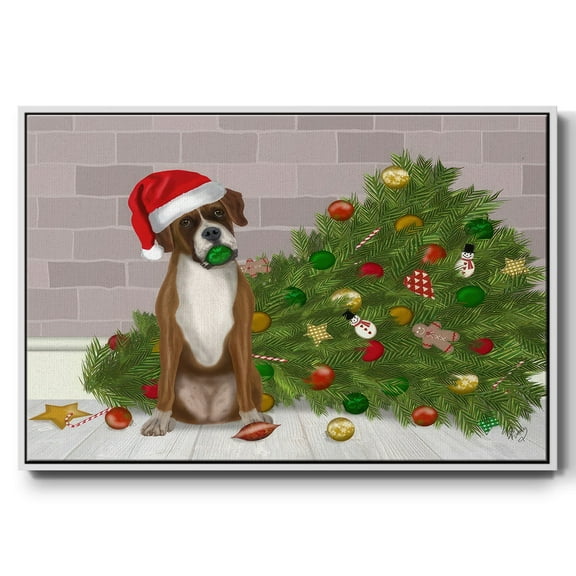Christmas Boxer and Broken Christmas Tree - Framed Gallery Wrapped Holiday Canvas - 17 x 25 - White Frame