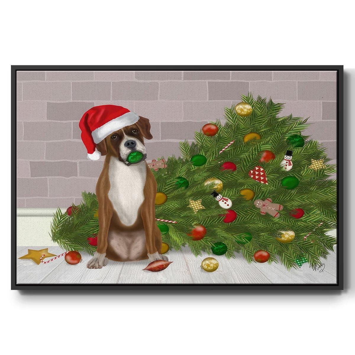 Christmas Boxer and Broken Christmas Tree - Framed Gallery Wrapped Holiday Canvas - 25 x 37 - Black Frame