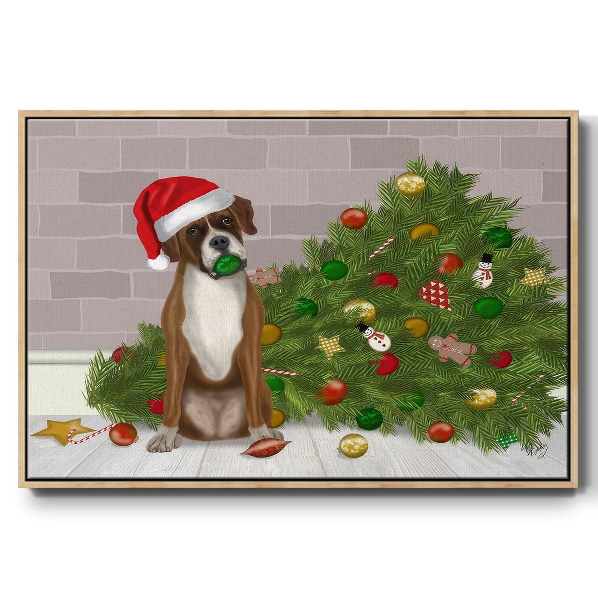 Christmas Boxer and Broken Christmas Tree - Framed Gallery Wrapped Holiday Canvas - 27 x 41 - Natural Wood Frame