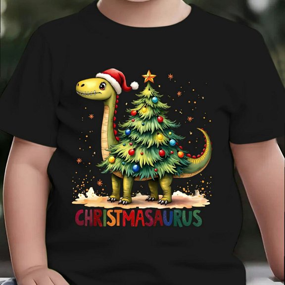 Christmas Boys T-Shirt Christmasaurus Dinosaur Tree Design 100% Cotton Short Sleeve Black Tees Gift For Kids