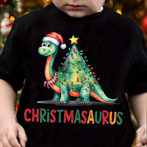 Christmas Boys T-Shirt Christmasaurus Dinosaur Tree Design 100% Cotton Short Sleeve Black Tees Gift For Kids