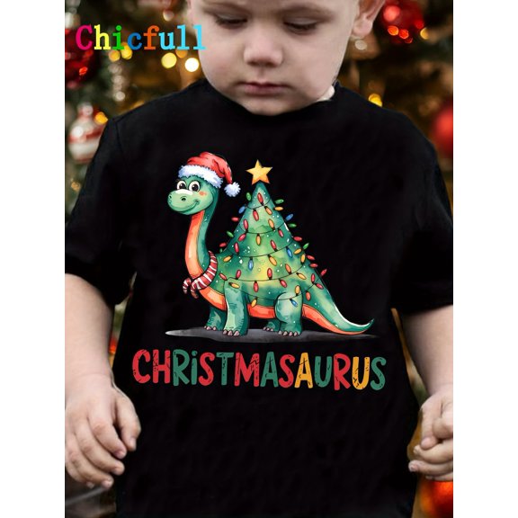 Christmas Boys T-Shirt Christmasaurus Dinosaur Wearing Santa Hat 100% Cotton Short Sleeve Tees Gift For Kids