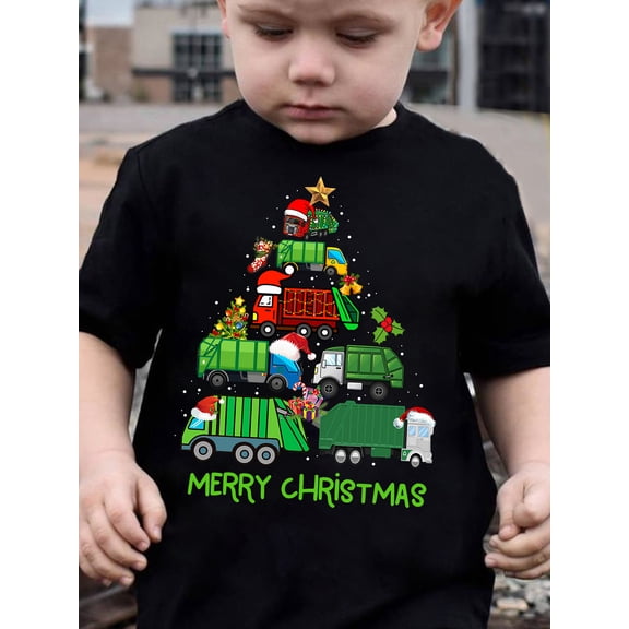 Christmas Boys T-Shirt Merry Christmas Garbage Truck Design 100% Cotton Short Sleeve Tees Gift For Kids