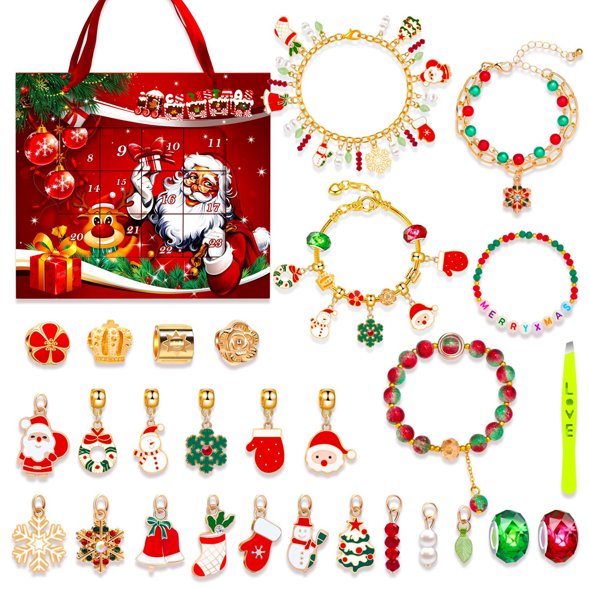 KABUER Christmas Bracelet Making Kit Christmas Charm Advent Calendar DIY Jewelry Making Kit for Christmas Gift24 Charm Beads 5 Bracelets