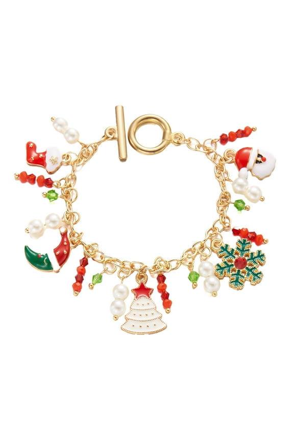 Christmas Bracelet for Women Santa Claus Jingle Bell Stocking Bow Dangle Bracelet Xmas Tree Snowflake Reindeer Red Green Beaded Charm Snake Chain Bracelet Christmas Holiday Gift